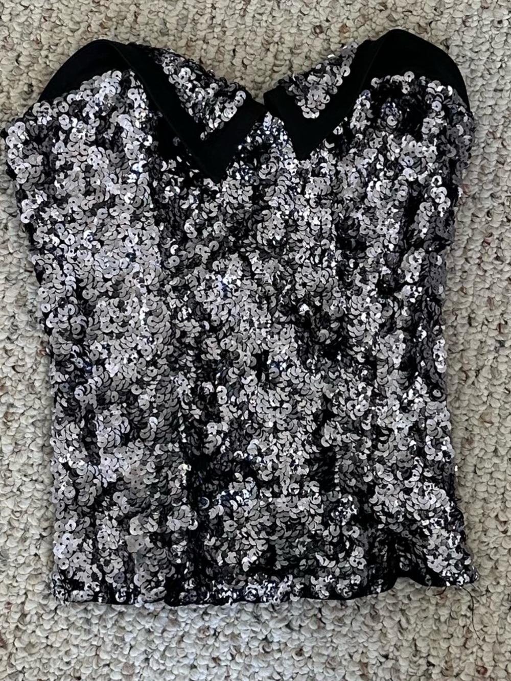 Bebe Black‎ & Silver Sequin Strapless Collared Corset Bustier Elastic Back